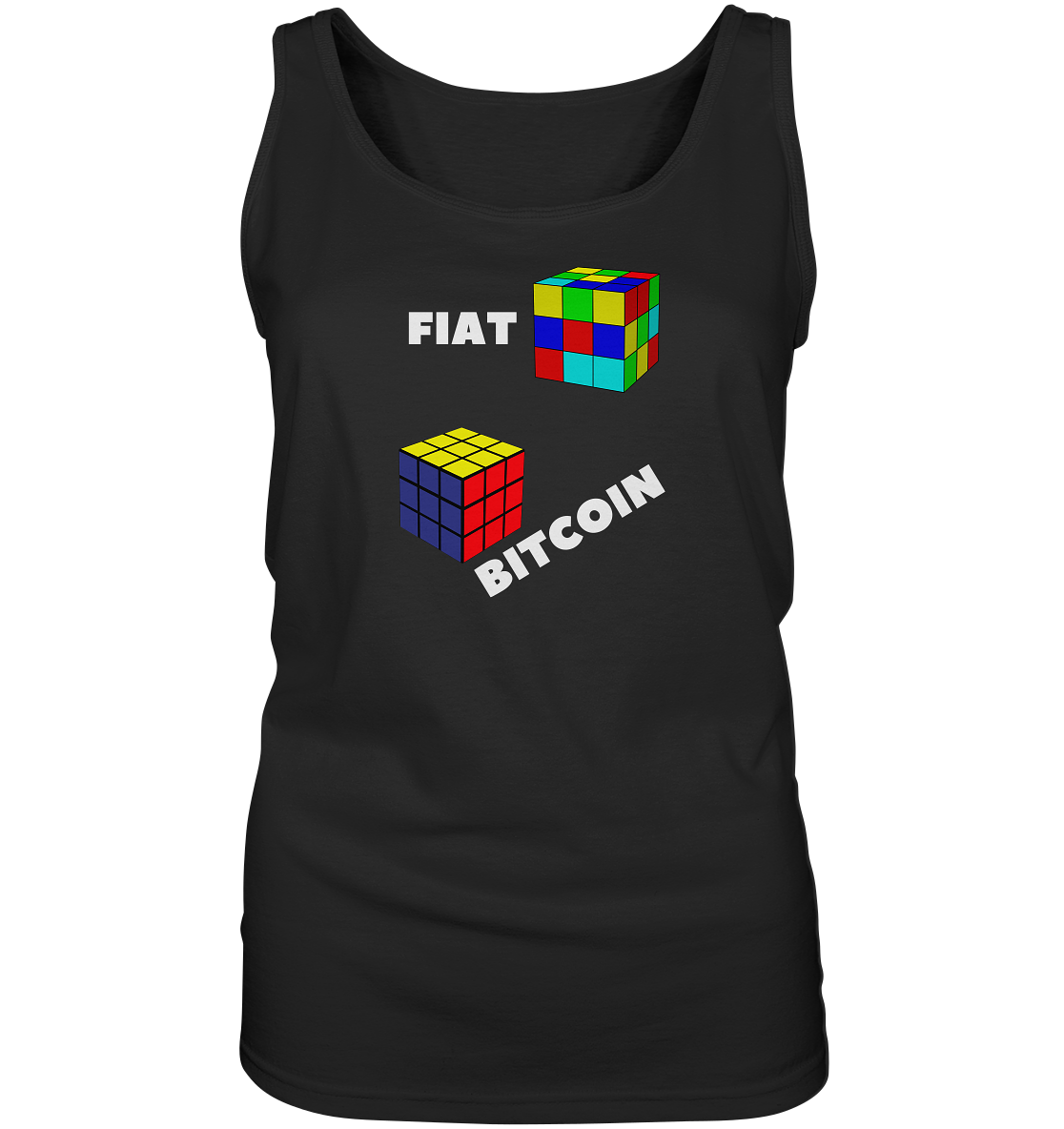 FIAT Cube & BITCOIN Cube - weisse Schrift, schräg (Ladies Collection 21% Rabatt bis zum Halving 2024) - Ladies Tank-Top