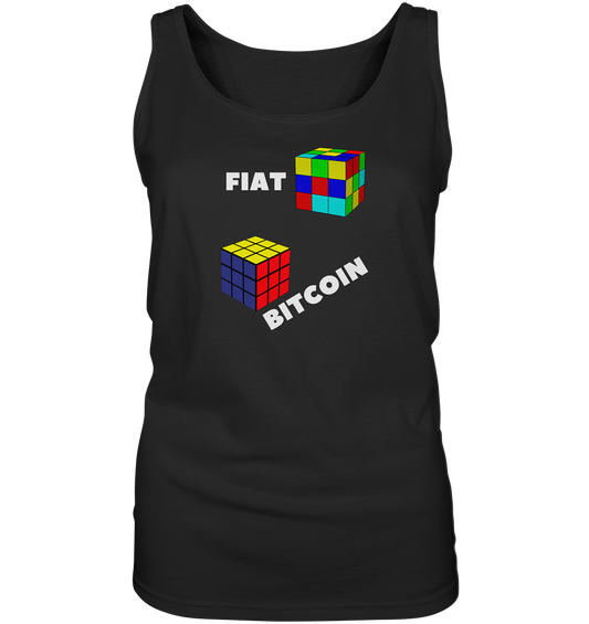 FIAT Cube & BITCOIN Cube - weisse Schrift, schräg (Ladies Collection 21% Rabatt bis zum Halving 2024) - Ladies Tank-Top