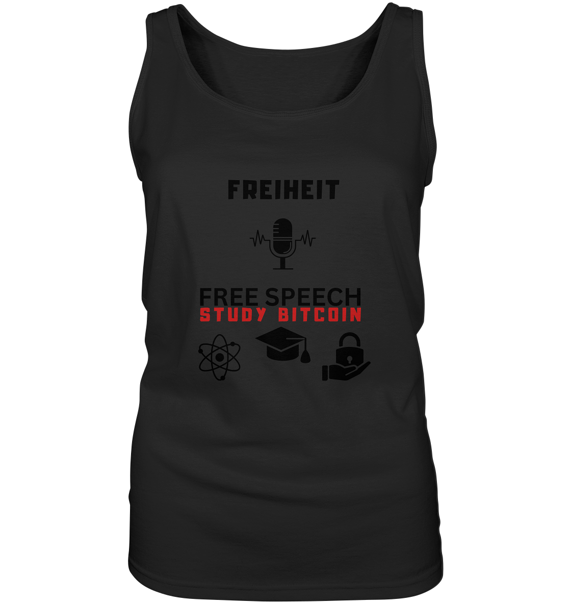 FREIHEIT (Mikrofon) FREE SPEECH, STUDY BITCOIN (3 Grafiken) - LADIES COLLECTION 21% automat. Rabatt bis zum Halving 2024   - Ladies Tank-Top