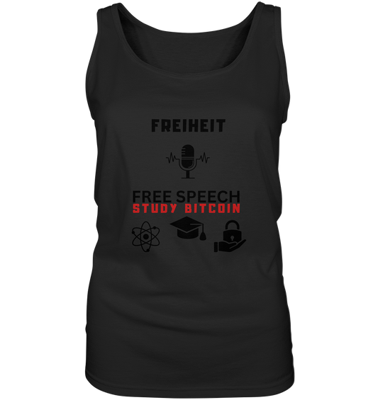 FREIHEIT (Mikrofon) FREE SPEECH, STUDY BITCOIN (3 Grafiken) - LADIES COLLECTION 21% automat. Rabatt bis zum Halving 2024   - Ladies Tank-Top