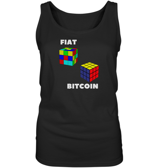 FIAT Cube & BITCOIN Cube - weisse Schrift, gerade (Ladies Collection 21% Rabatt bis zum Halving 2024) - Ladies Tank-Top