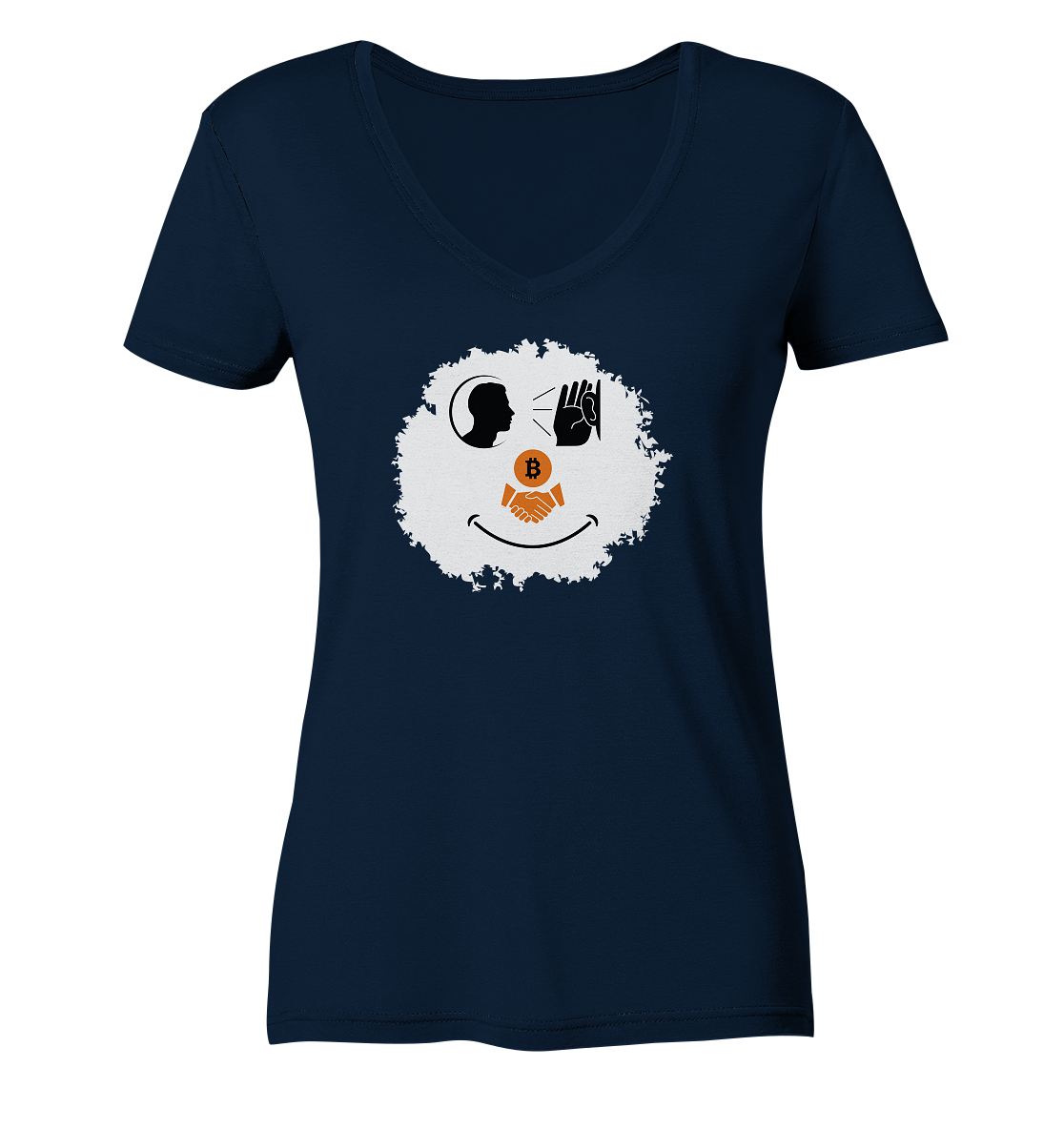 Smiley listen to Bitcoin handshake - (Ladies Collection 21% Rabatt bis zum Halving 2024)  - Ladies V-Neck Shirt