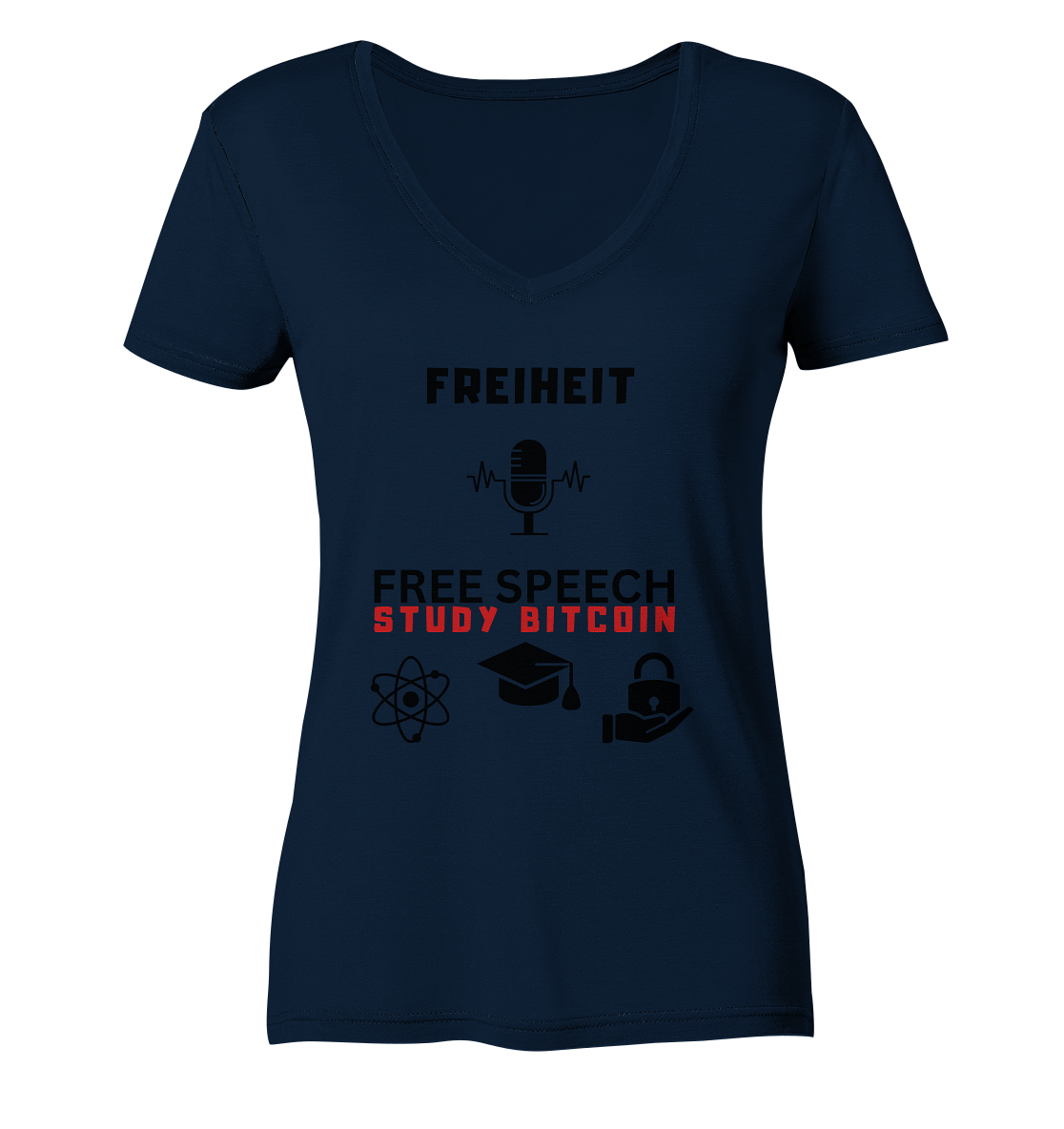 FREIHEIT (Mikrofon) FREE SPEECH, STUDY BITCOIN (3 Grafiken) - LADIES COLLECTION 21% automat. Rabatt bis zum Halving 2024   - Ladies V-Neck Shirt