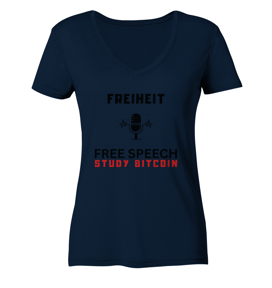 FREIHEIT (Mikrofon) FREE SPEECH, STUDY BITCOIN - LADIES COLLECTION 21% automat. Rabatt bis zum Halving 2024   - Ladies V-Neck Shirt