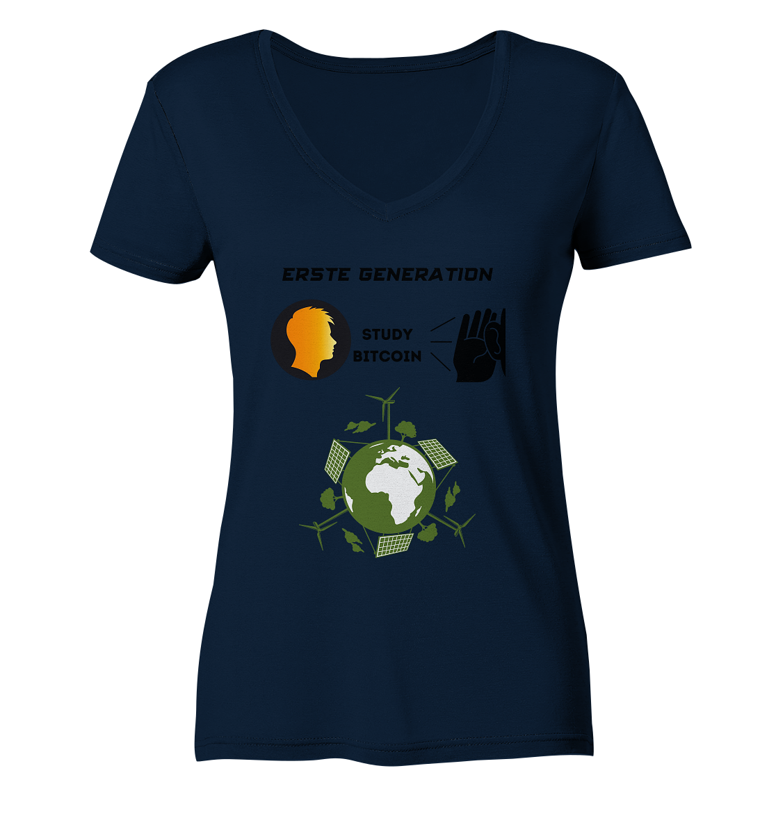 ERSTE (BITCOIN) GENERATION - STUDY BITCOIN (green world Grafik) - LADIES COLLECTION 21% automat. Rabatt bis zum Halving 2024  - Ladies V-Neck Shirt