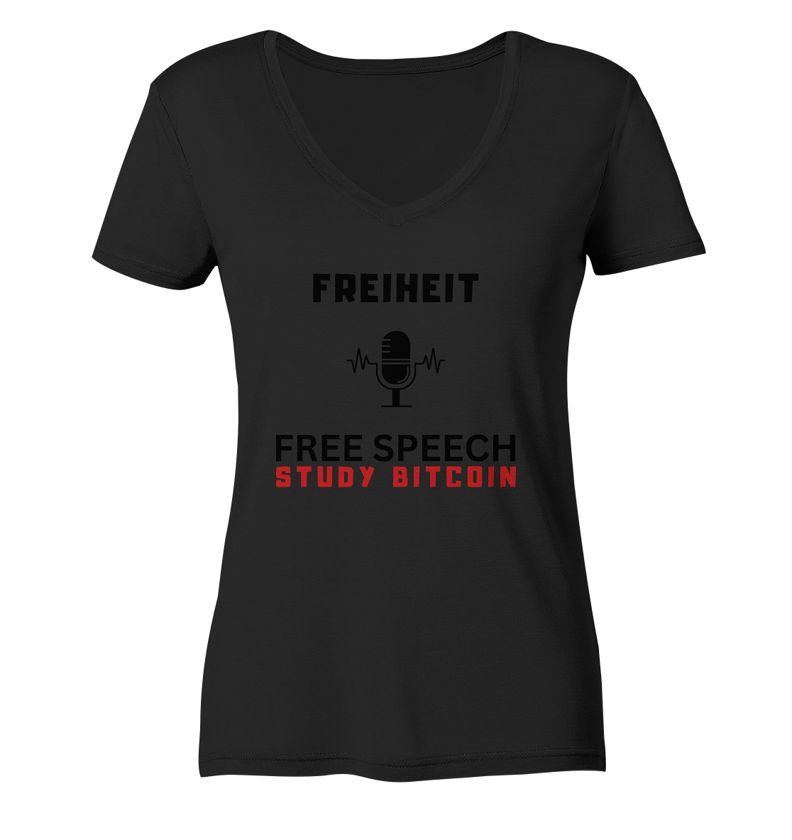 FREIHEIT (Mikrofon) FREE SPEECH, STUDY BITCOIN - LADIES COLLECTION 21% automat. Rabatt bis zum Halving 2024   - Ladies V-Neck Shirt