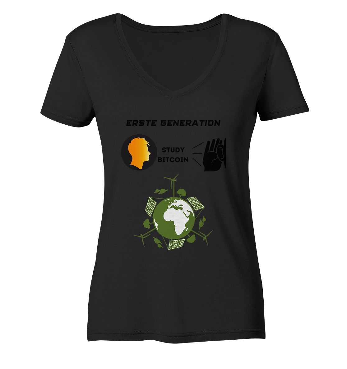 ERSTE (BITCOIN) GENERATION - STUDY BITCOIN (green world Grafik) - LADIES COLLECTION 21% automat. Rabatt bis zum Halving 2024  - Ladies V-Neck Shirt