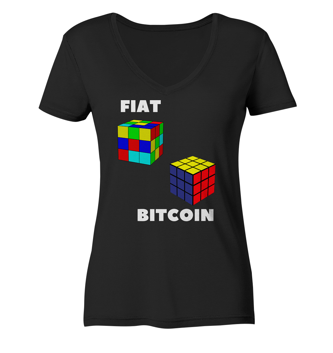 FIAT Cube & BITCOIN Cube - weisse Schrift, gerade (Ladies Collection 21% Rabatt bis zum Halving 2024) - Ladies V-Neck Shirt