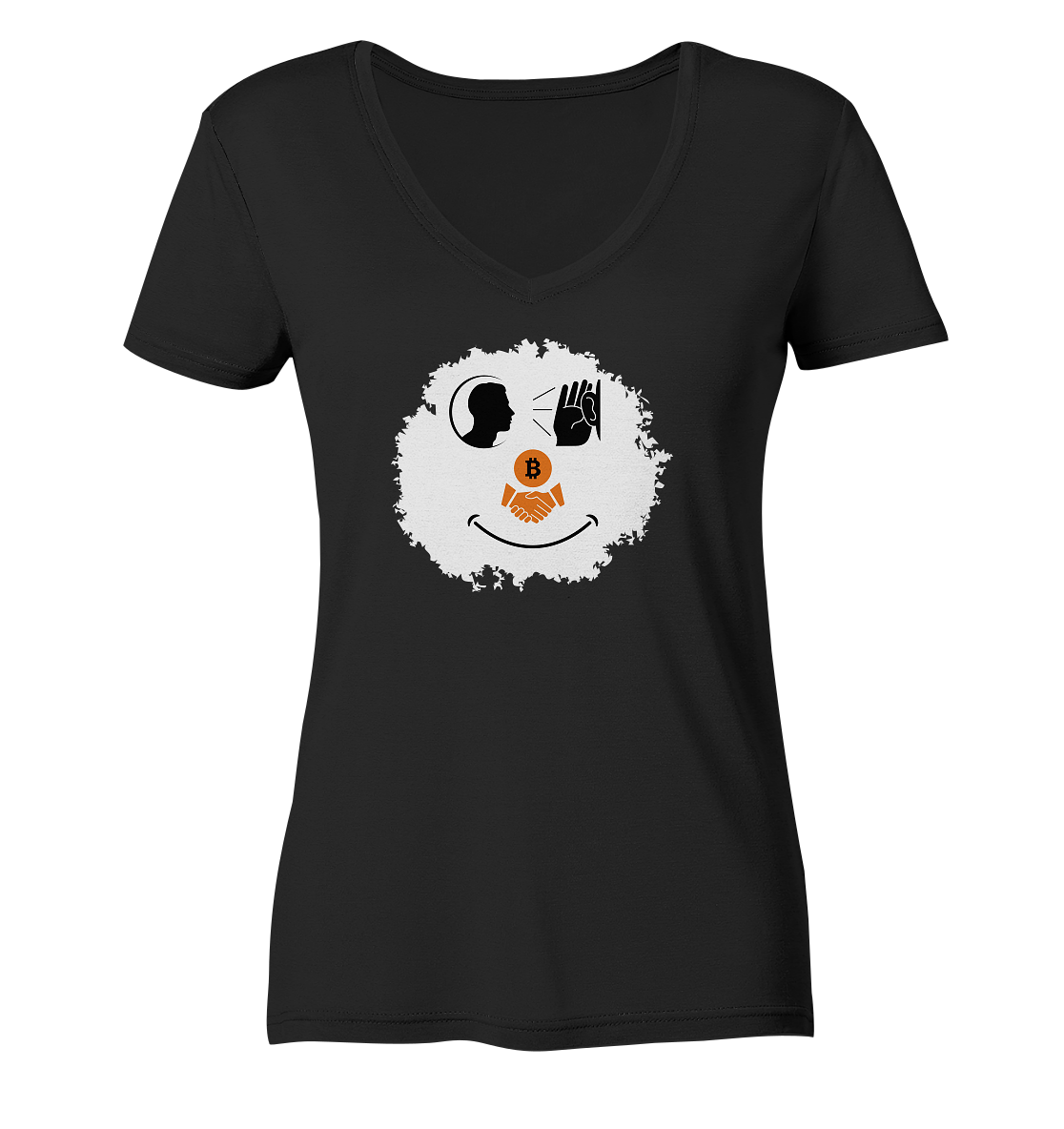 Smiley listen to Bitcoin handshake - (Ladies Collection 21% Rabatt bis zum Halving 2024)  - Ladies V-Neck Shirt
