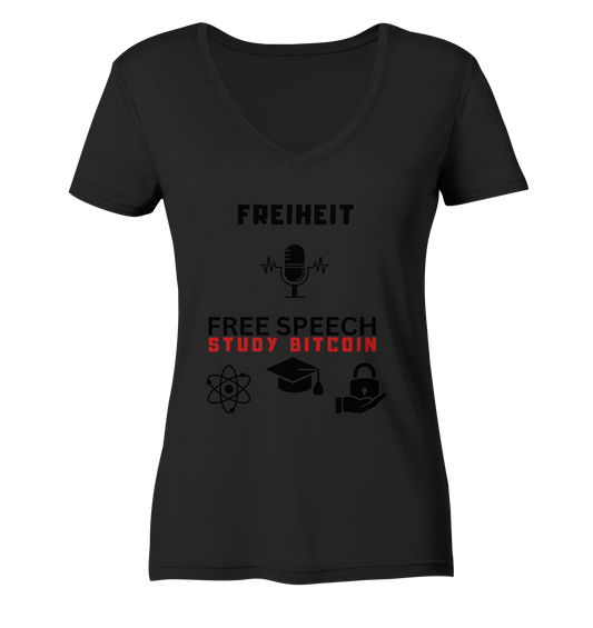 FREIHEIT (Mikrofon) FREE SPEECH, STUDY BITCOIN (3 Grafiken) - LADIES COLLECTION 21% automat. Rabatt bis zum Halving 2024   - Ladies V-Neck Shirt