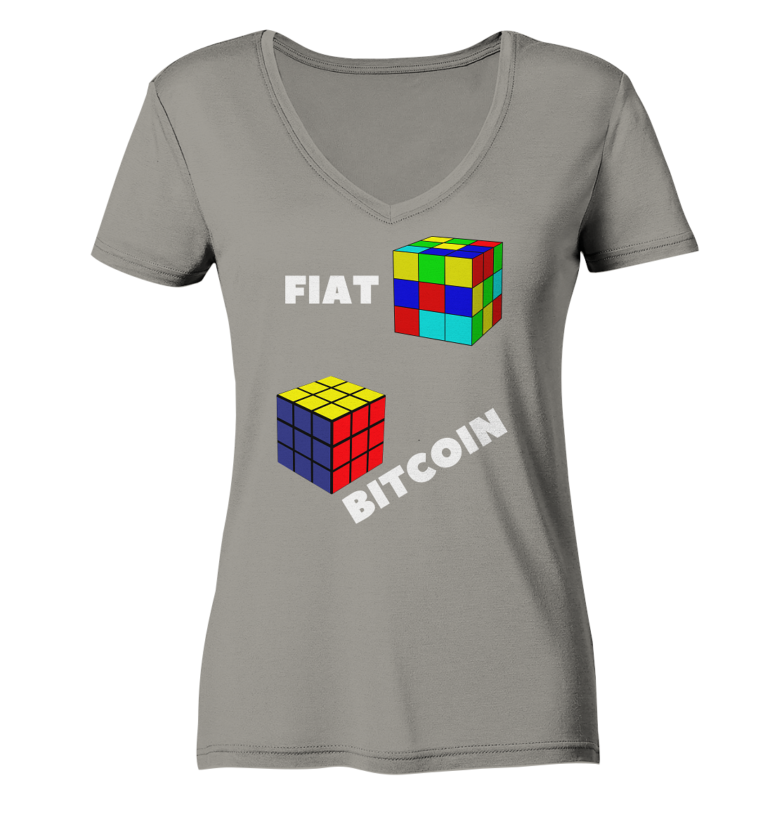 FIAT Cube & BITCOIN Cube - weisse Schrift, schräg (Ladies Collection 21% Rabatt bis zum Halving 2024) - Ladies V-Neck Shirt