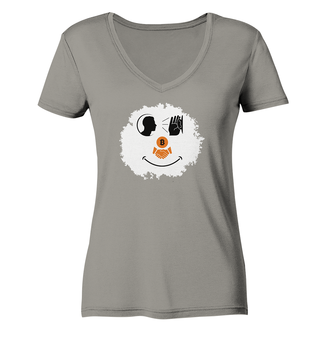 Smiley listen to Bitcoin handshake - (Ladies Collection 21% Rabatt bis zum Halving 2024)  - Ladies V-Neck Shirt