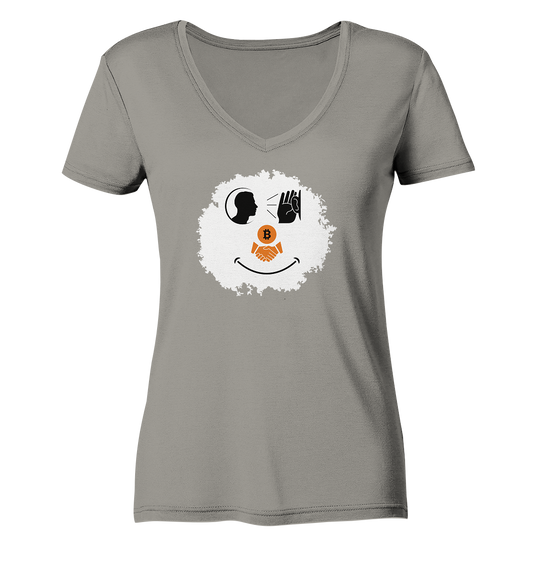 Smiley listen to Bitcoin handshake - (Ladies Collection 21% Rabatt bis zum Halving 2024)  - Ladies V-Neck Shirt