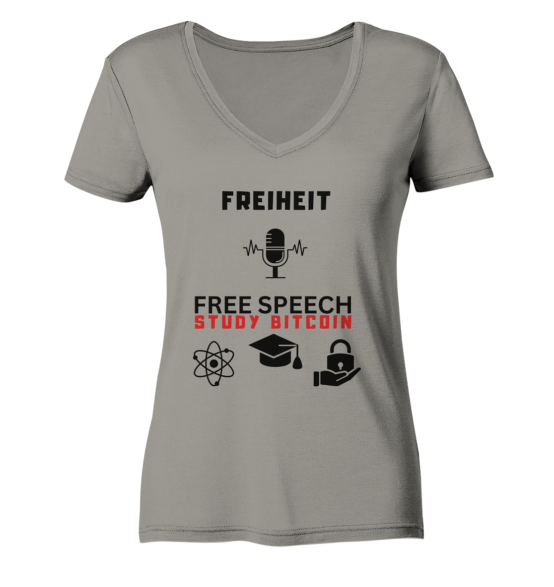 FREIHEIT (Mikrofon) FREE SPEECH, STUDY BITCOIN (3 Grafiken) - LADIES COLLECTION 21% automat. Rabatt bis zum Halving 2024   - Ladies V-Neck Shirt