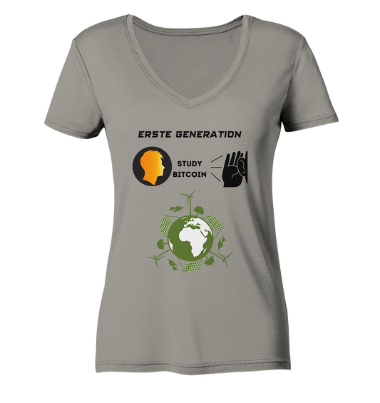 ERSTE (BITCOIN) GENERATION - STUDY BITCOIN (green world Grafik) - LADIES COLLECTION 21% automat. Rabatt bis zum Halving 2024  - Ladies V-Neck Shirt