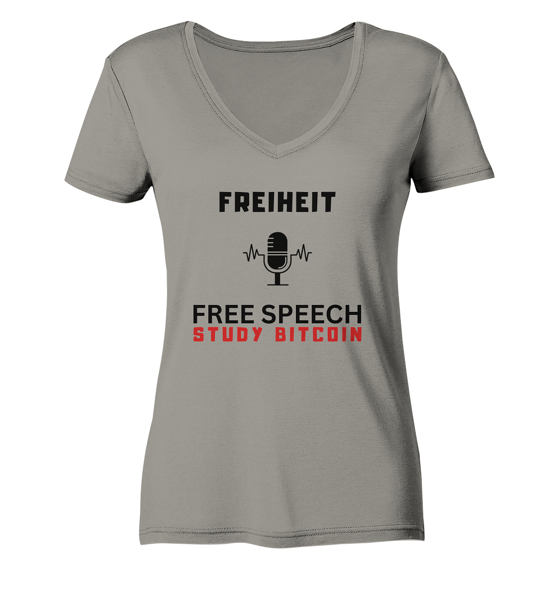 FREIHEIT (Mikrofon) FREE SPEECH, STUDY BITCOIN - LADIES COLLECTION 21% automat. Rabatt bis zum Halving 2024   - Ladies V-Neck Shirt