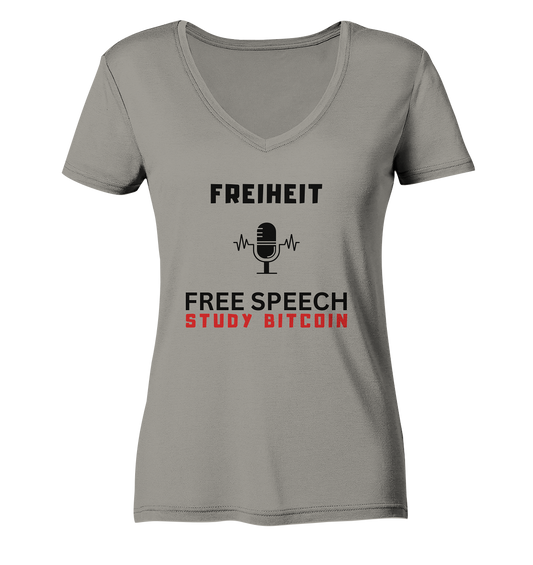 FREIHEIT (Mikrofon) FREE SPEECH, STUDY BITCOIN - LADIES COLLECTION 21% automat. Rabatt bis zum Halving 2024   - Ladies V-Neck Shirt