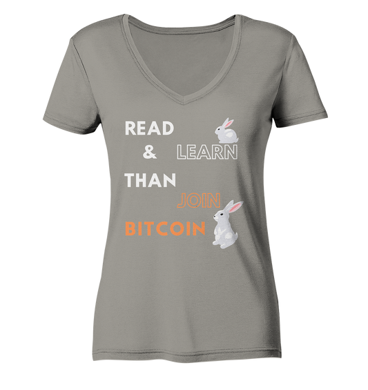 READ & LEARN THAN JOIN BITCOIN - white/orange Bunny Version - Ladies Collection - Ladies V-Neck Shirt