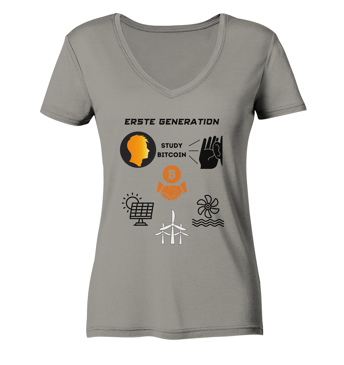 ERSTE (BITCOIN) GENERATION - STUDY BITCOIN (3 grüne Energie Grafiken) - LADIES COLLECTION 21% automat. Rabatt bis zum Halving 2024   - Ladies V-Neck Shirt