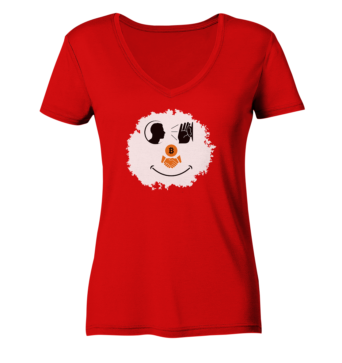 Smiley listen to Bitcoin handshake - (Ladies Collection 21% Rabatt bis zum Halving 2024)  - Ladies V-Neck Shirt