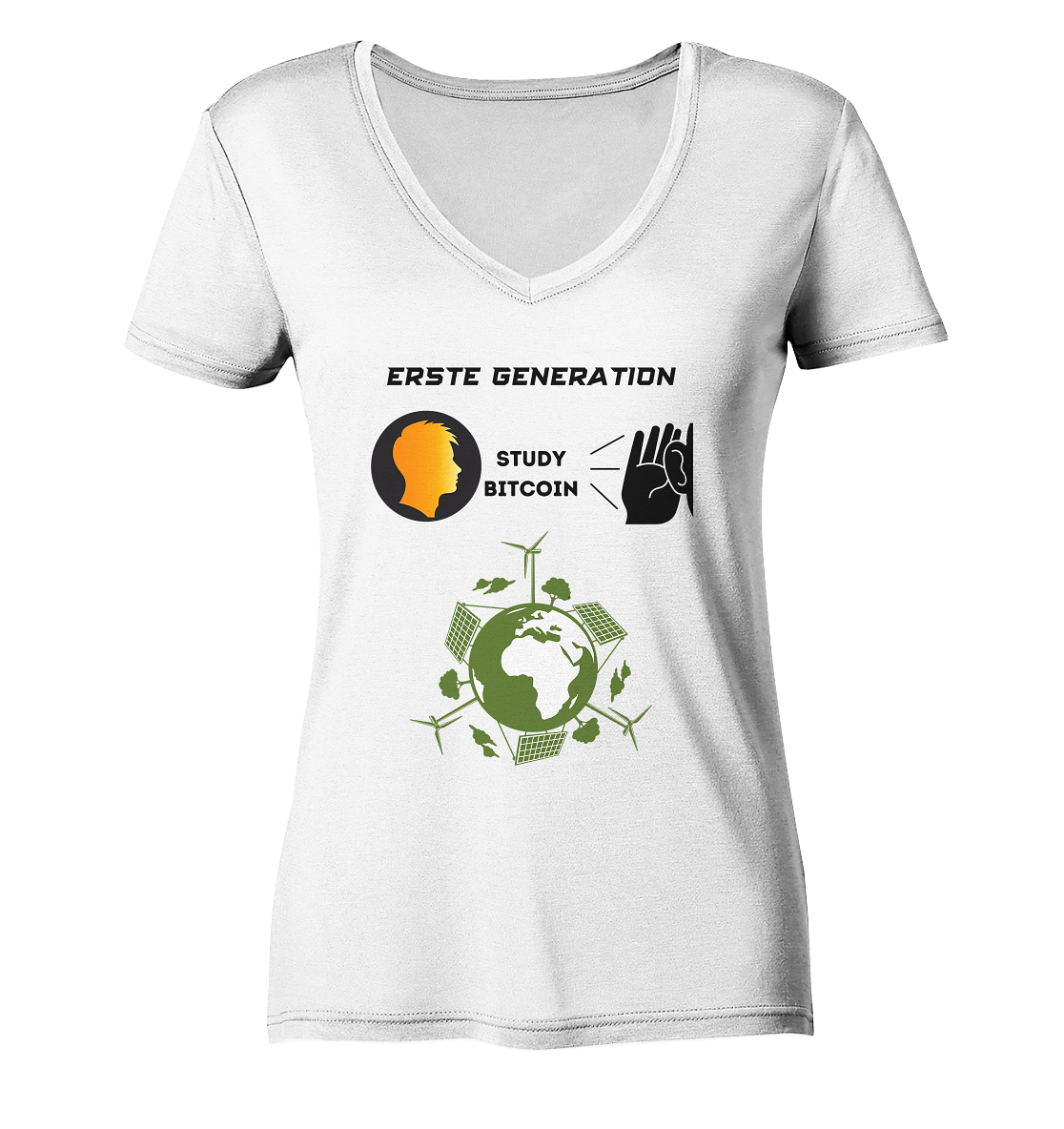 ERSTE (BITCOIN) GENERATION - STUDY BITCOIN (green world Grafik) - LADIES COLLECTION 21% automat. Rabatt bis zum Halving 2024  - Ladies V-Neck Shirt