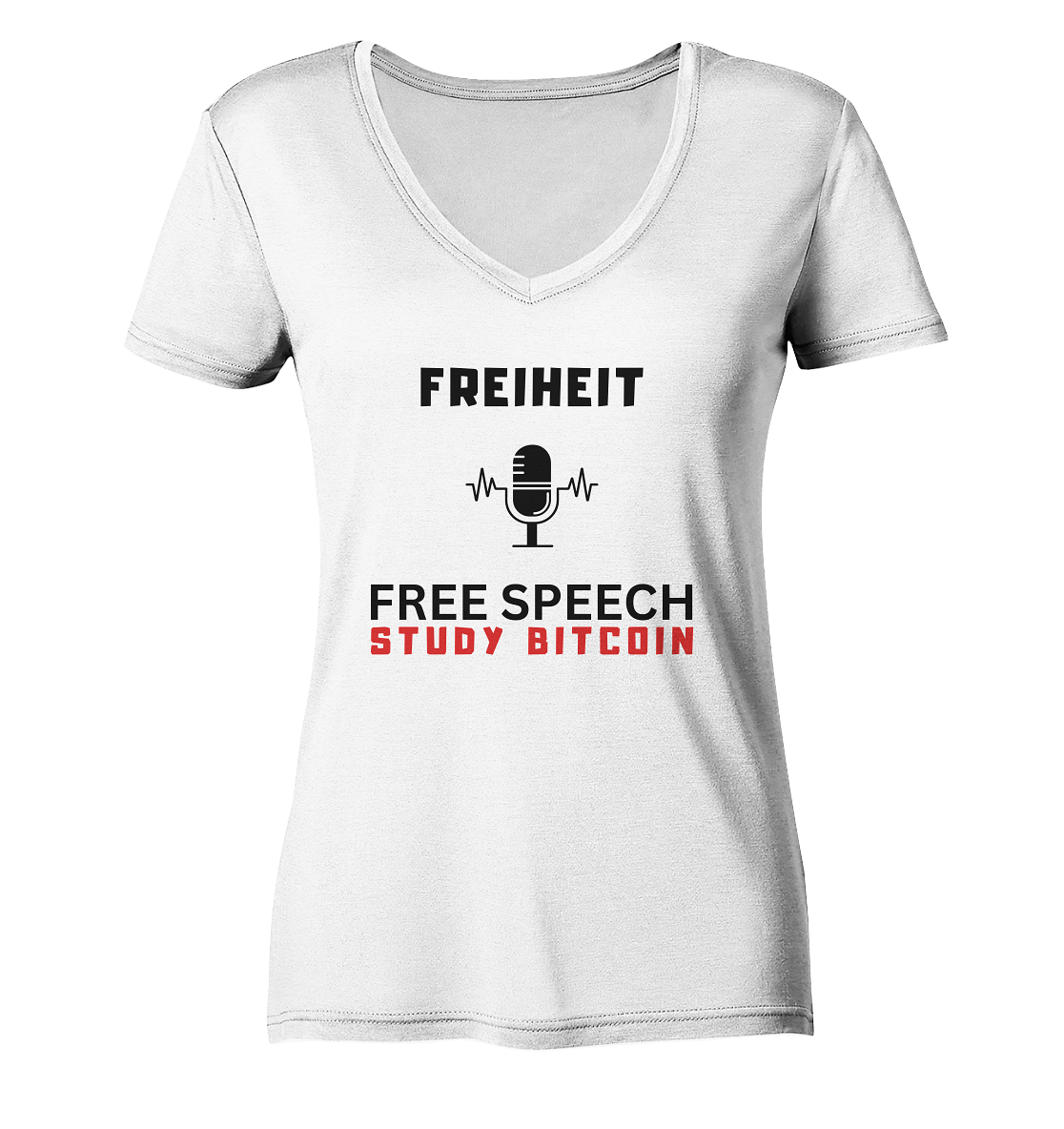 FREIHEIT (Mikrofon) FREE SPEECH, STUDY BITCOIN - LADIES COLLECTION 21% automat. Rabatt bis zum Halving 2024   - Ladies V-Neck Shirt