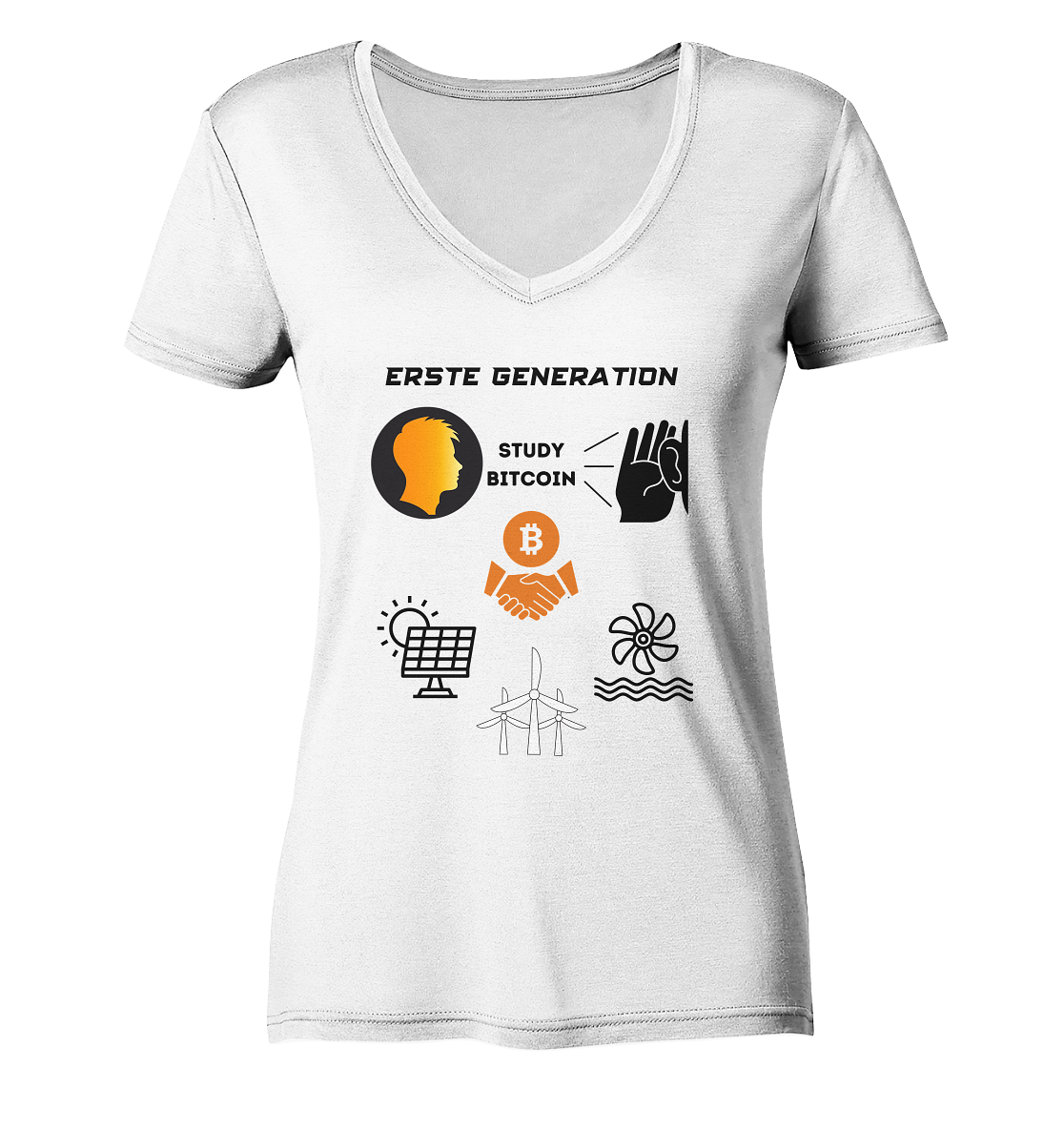 ERSTE (BITCOIN) GENERATION - STUDY BITCOIN (3 grüne Energie Grafiken) - LADIES COLLECTION 21% automat. Rabatt bis zum Halving 2024   - Ladies V-Neck Shirt