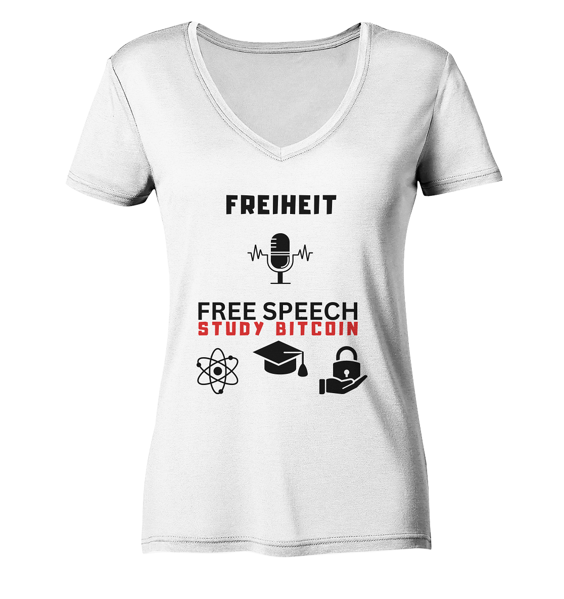 FREIHEIT (Mikrofon) FREE SPEECH, STUDY BITCOIN (3 Grafiken) - LADIES COLLECTION 21% automat. Rabatt bis zum Halving 2024   - Ladies V-Neck Shirt