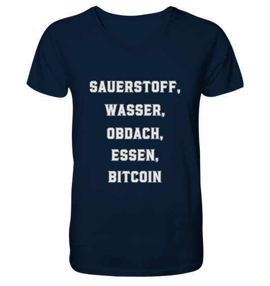 SAUERSTOFF, WASSER, OBDACH, ESSEN, BITCOIN - Mens Organic V-Neck Shirt