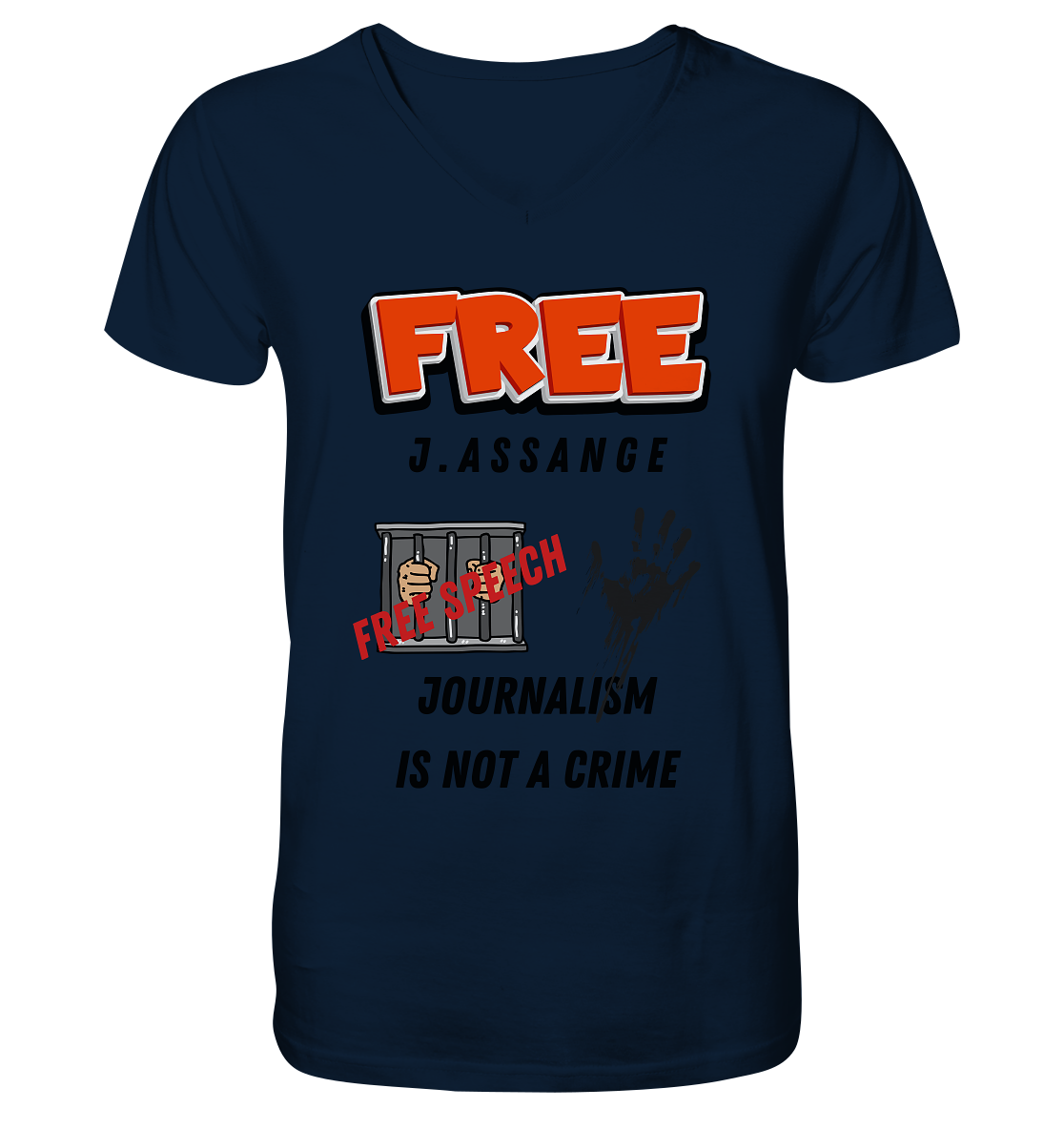 FREE J.ASSANGE - JOURNALISM IS NOT A CRIME, FREE SPEECH (2 GRAFIKEN)  - Mens Organic V-Neck Shirt