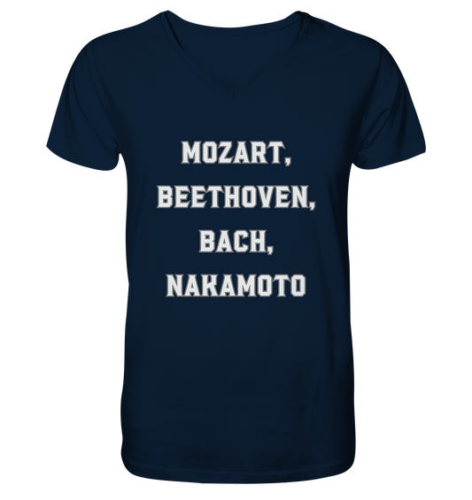 MOZART, BEETHOVEN, BACH, NAKAMOTO  - Mens Organic V-Neck Shirt