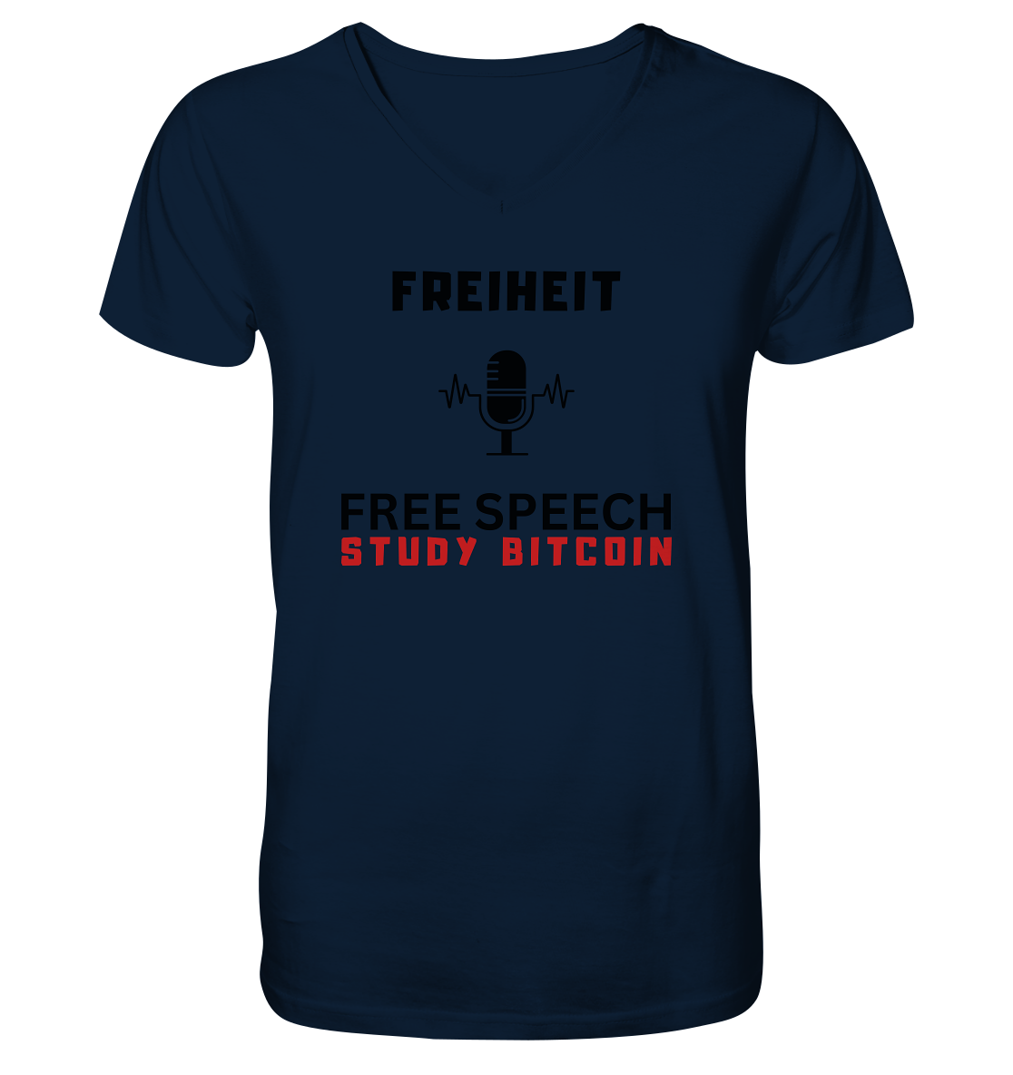 FREIHEIT (Mikrofon) FREE SPEECH, STUDY BITCOIN  - Mens Organic V-Neck Shirt