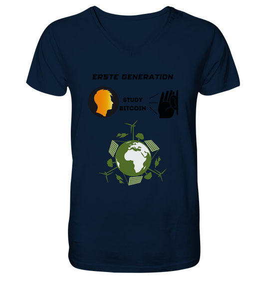 ERSTE (Bitcoin) GENERATION - STUDY BITCOIN - (green Energy Grafik) - Mens Organic V-Neck Shirt