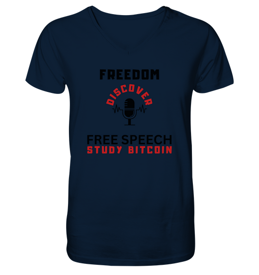 FREEDOM (Mikrofon) DISCOVER FREE SPEECH, STUDY BITCOIN   - Mens Organic V-Neck Shirt