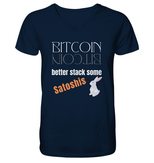 BITCOIN BETTER STACK SOME Satoshis - (Spiegelschrift & Bunny Version) - Mens Organic V-Neck Shirt
