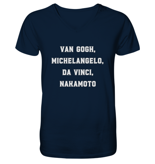 van Gogh, Michelangelo, da Vinci, Nakamoto - Mens Organic V-Neck Shirt