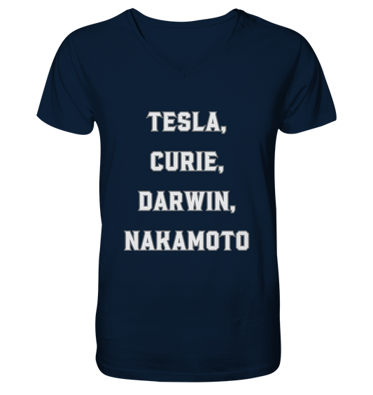 TESLA, CURIE, DARWIN, NAKAMOTO  - Mens Organic V-Neck Shirt