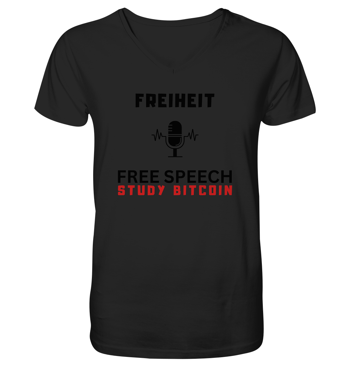 FREIHEIT (Mikrofon) FREE SPEECH, STUDY BITCOIN  - Mens Organic V-Neck Shirt