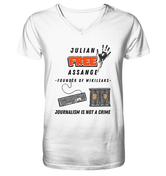 JULIAN FREE ASSANGE - FOUNDER OF WIKILEAKS - JOURNALISM IS NOT A CRIME (GRAFIKEN, Tastatur, Zelle, Hand))  - Mens Organic V-Neck Shirt