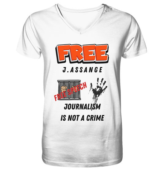FREE J.ASSANGE - JOURNALISM IS NOT A CRIME, FREE SPEECH (2 GRAFIKEN)  - Mens Organic V-Neck Shirt