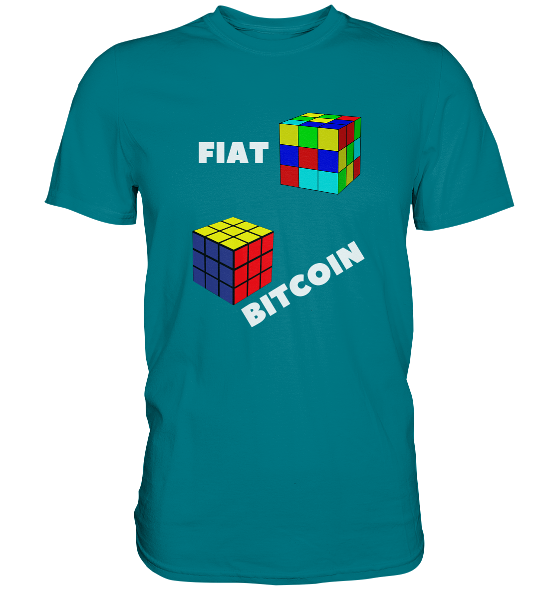 FIAT Cube & BITCOIN Cube - weisse Schrift, schräg (Ladies Collection 21% Rabatt bis zum Halving 2024) - Premium Shirt