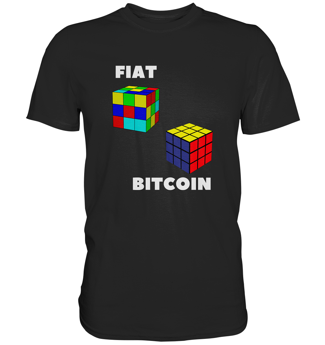 FIAT Cube & BITCOIN Cube - weisse Schrift, gerade (Ladies Collection 21% Rabatt bis zum Halving 2024) - Premium Shirt