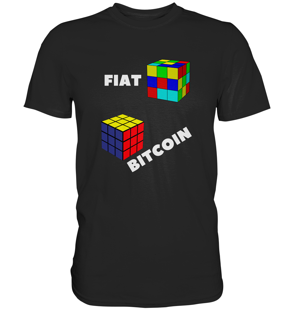 FIAT Cube & BITCOIN Cube - weisse Schrift, schräg (Ladies Collection 21% Rabatt bis zum Halving 2024) - Premium Shirt