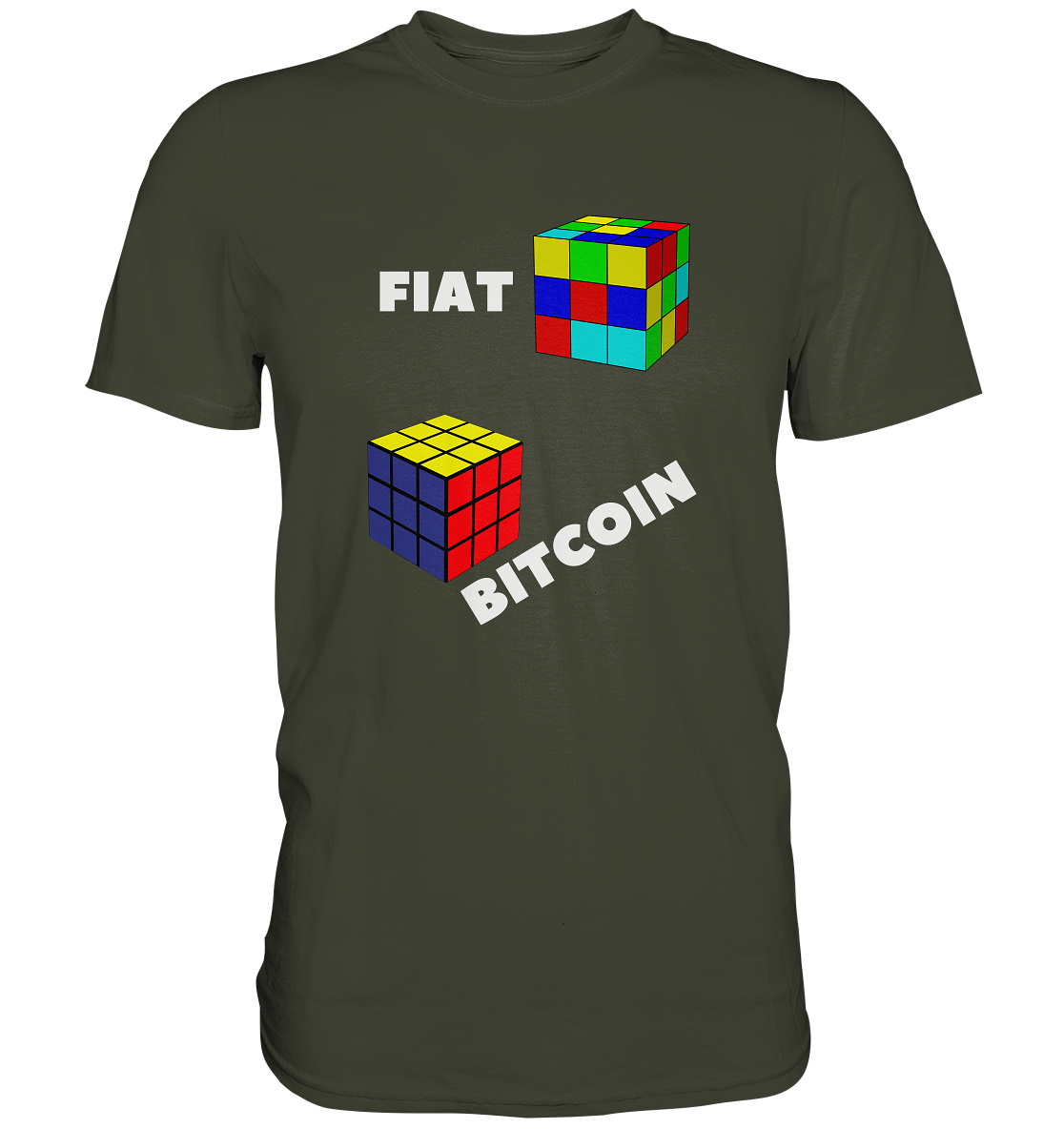 FIAT Cube & BITCOIN Cube - weisse Schrift, schräg (Ladies Collection 21% Rabatt bis zum Halving 2024) - Premium Shirt