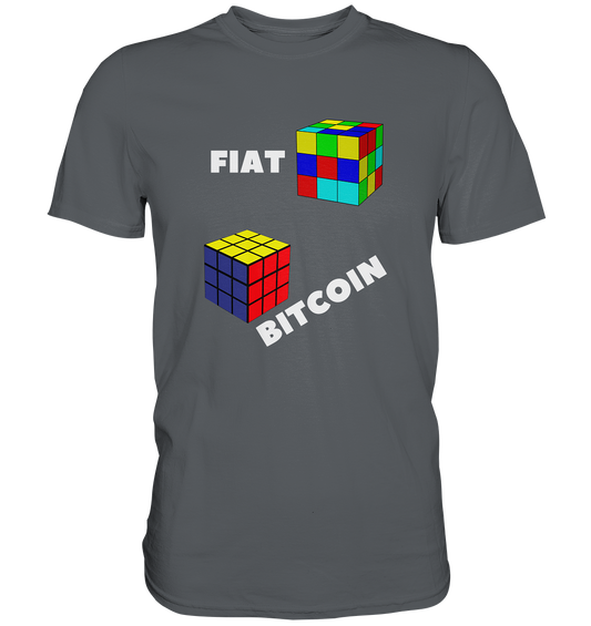 FIAT Cube & BITCOIN Cube - weisse Schrift, schräg (Ladies Collection 21% Rabatt bis zum Halving 2024) - Premium Shirt