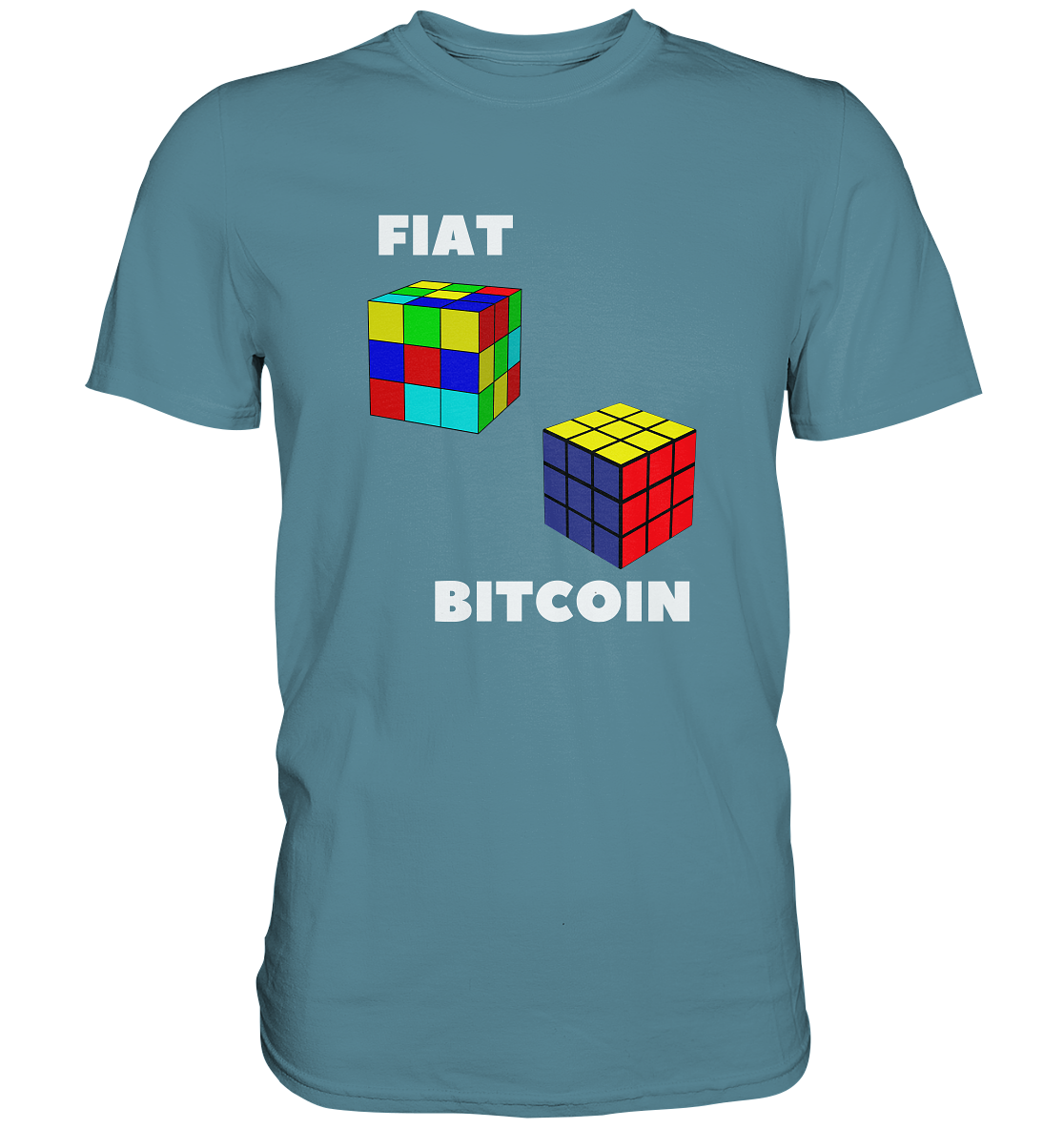 FIAT Cube & BITCOIN Cube - weisse Schrift, gerade (Ladies Collection 21% Rabatt bis zum Halving 2024) - Premium Shirt