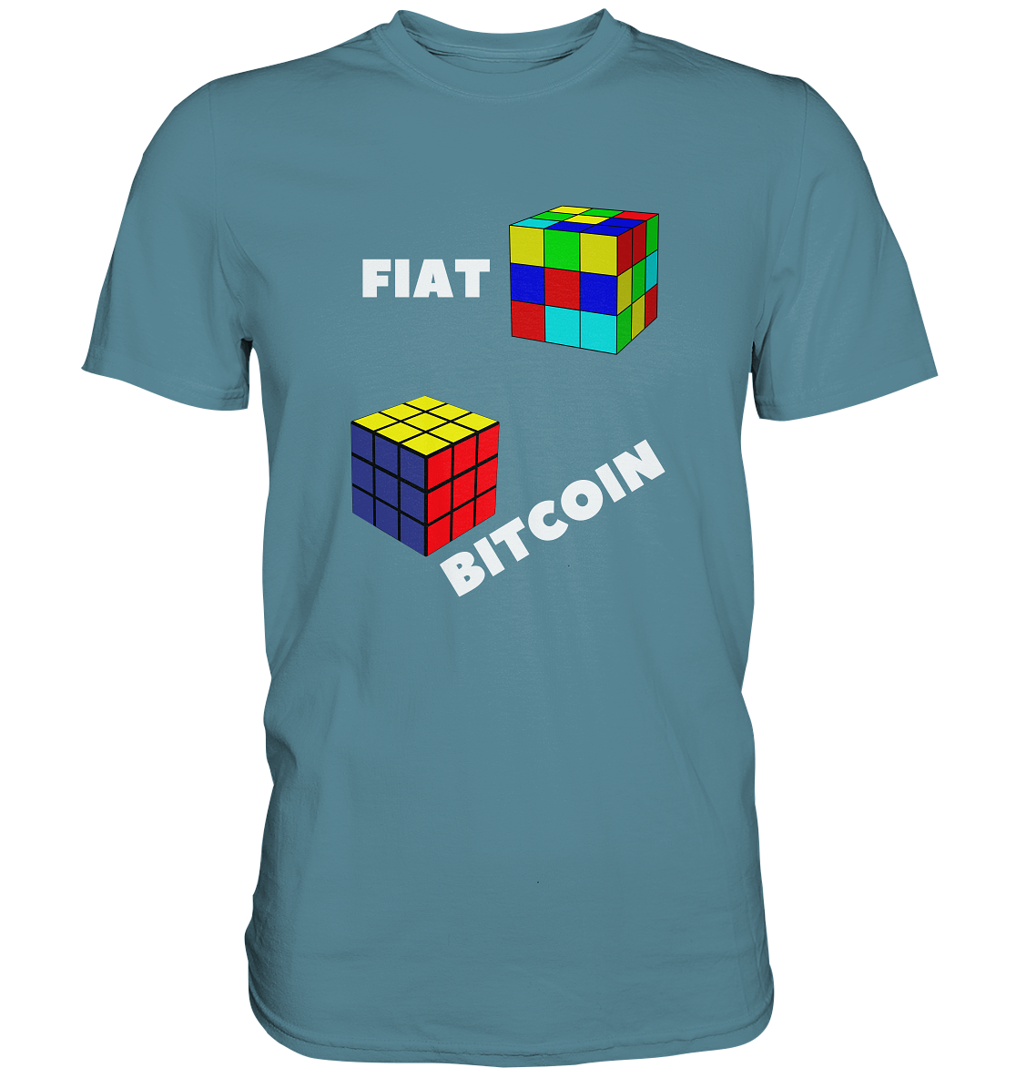 FIAT Cube & BITCOIN Cube - weisse Schrift, schräg (Ladies Collection 21% Rabatt bis zum Halving 2024) - Premium Shirt