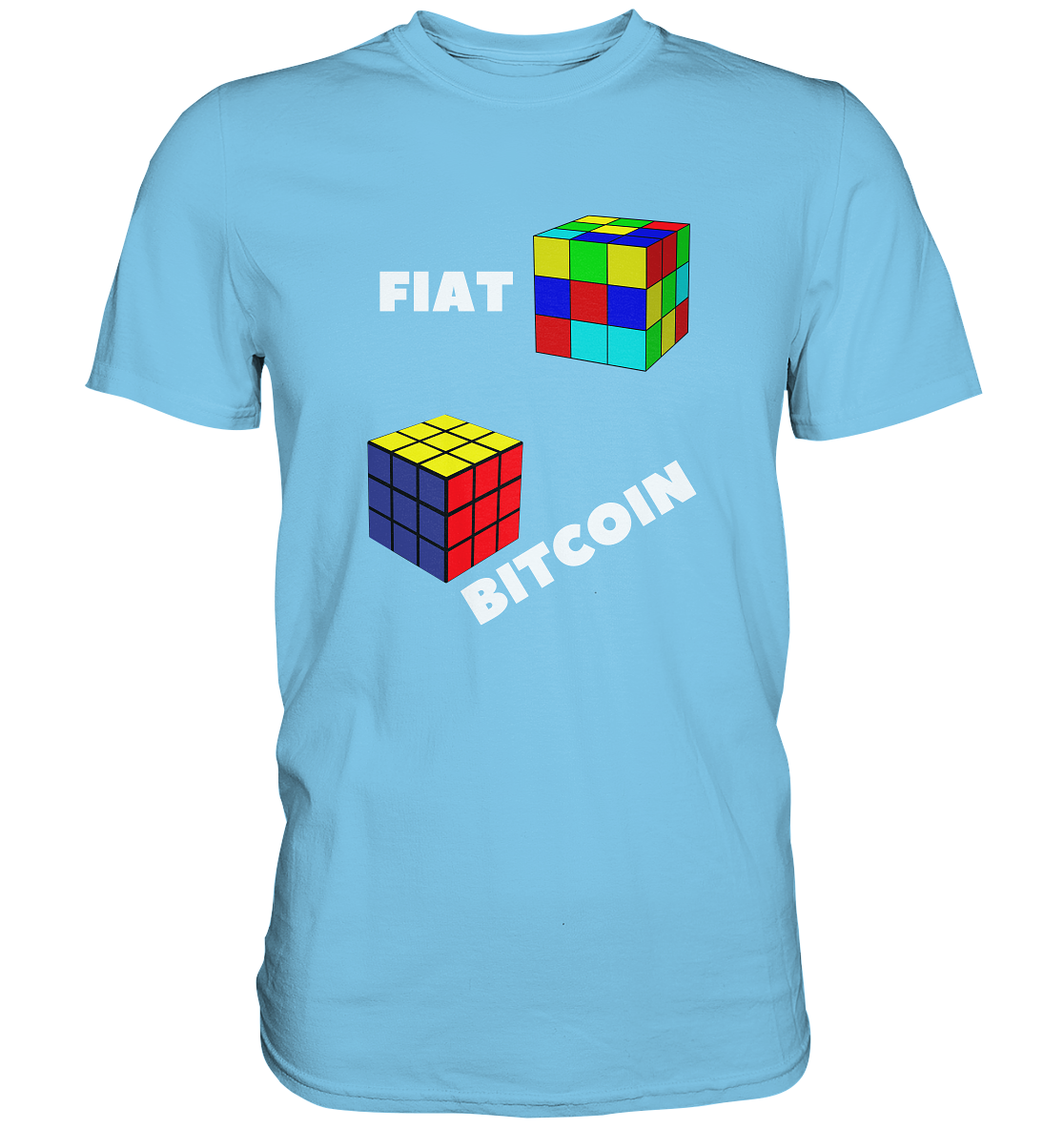 FIAT Cube & BITCOIN Cube - weisse Schrift, schräg (Ladies Collection 21% Rabatt bis zum Halving 2024) - Premium Shirt