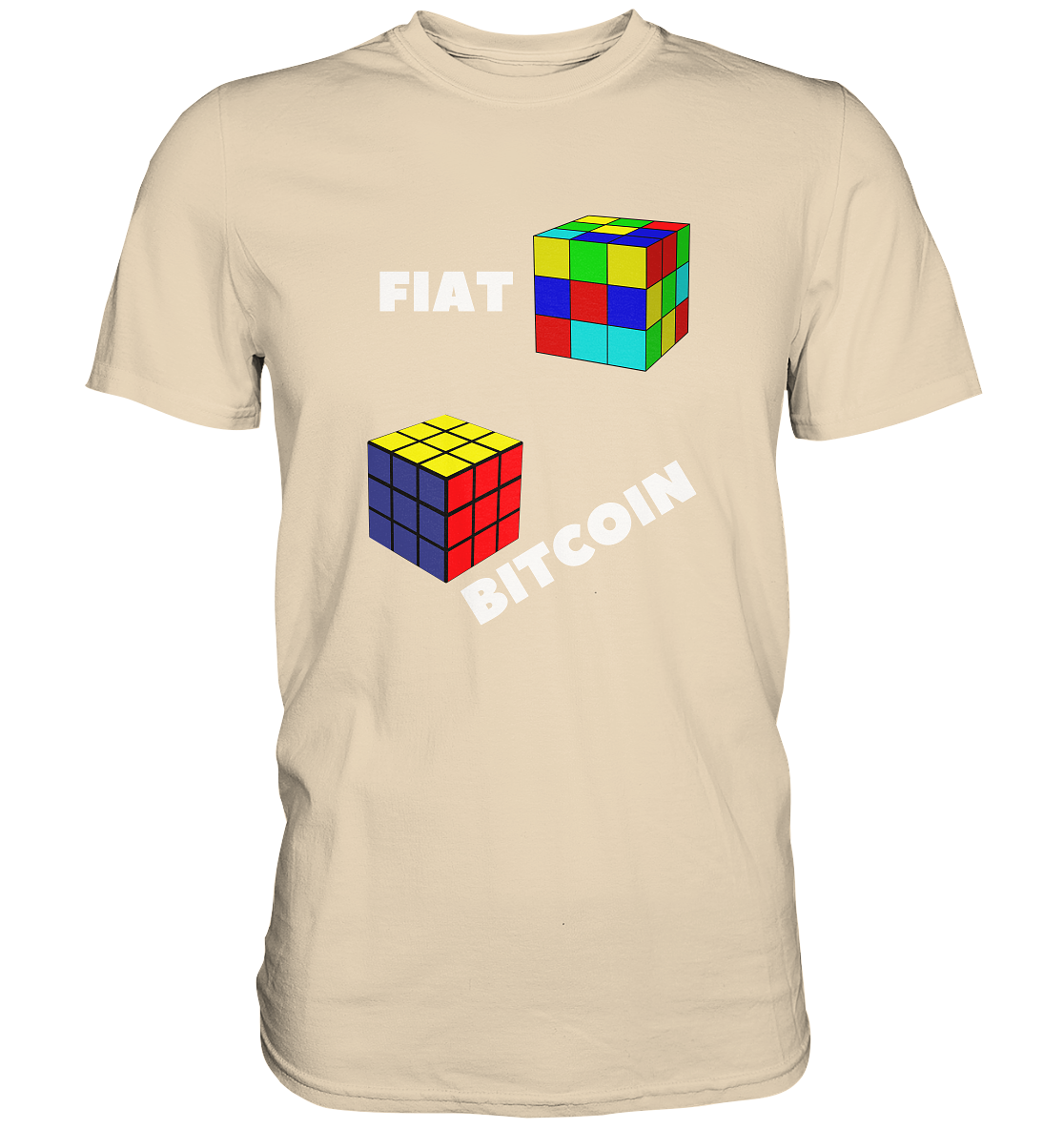 FIAT Cube & BITCOIN Cube - weisse Schrift, schräg (Ladies Collection 21% Rabatt bis zum Halving 2024) - Premium Shirt