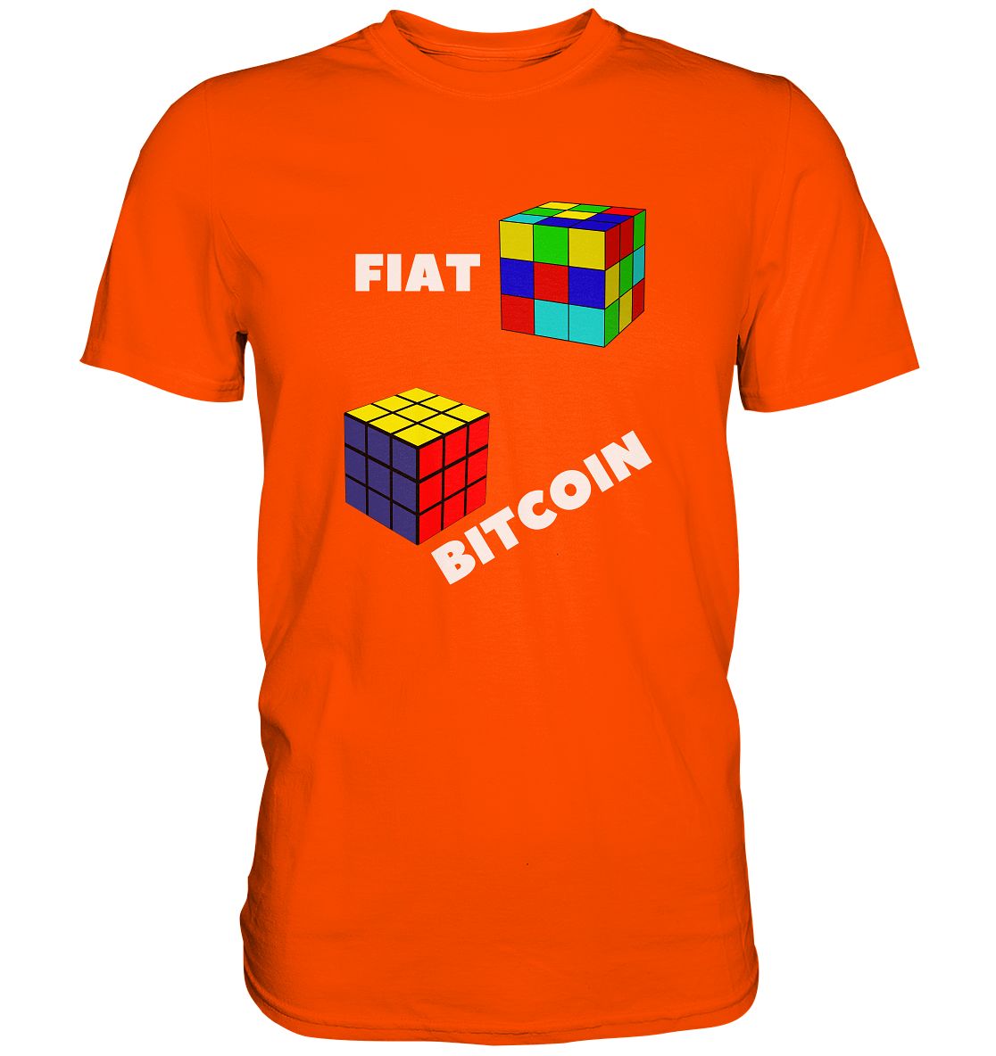 FIAT Cube & BITCOIN Cube - weisse Schrift, schräg (Ladies Collection 21% Rabatt bis zum Halving 2024) - Premium Shirt